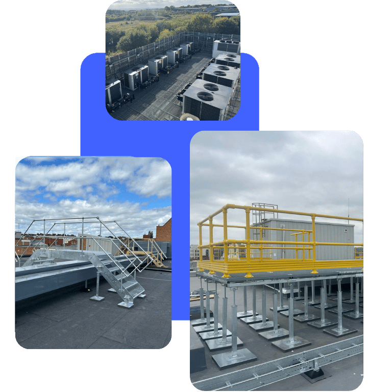 Collage of Roof Runner rooftop installations, including support frames, an access staircase and an elevated plant platform