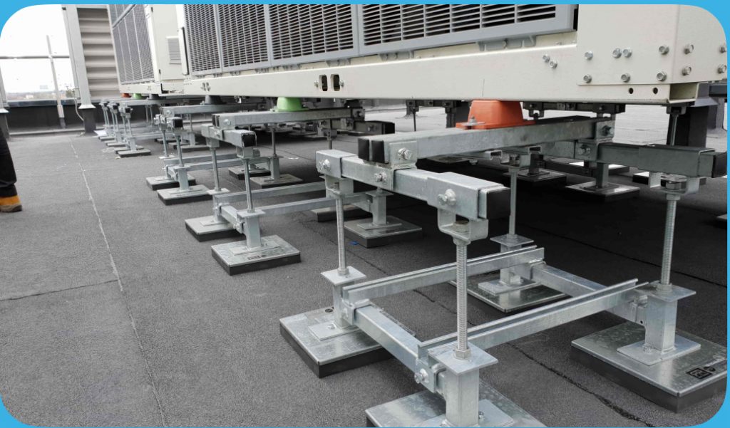 Rooftop plant equipment mounted on Roof Runner adjustable support feet